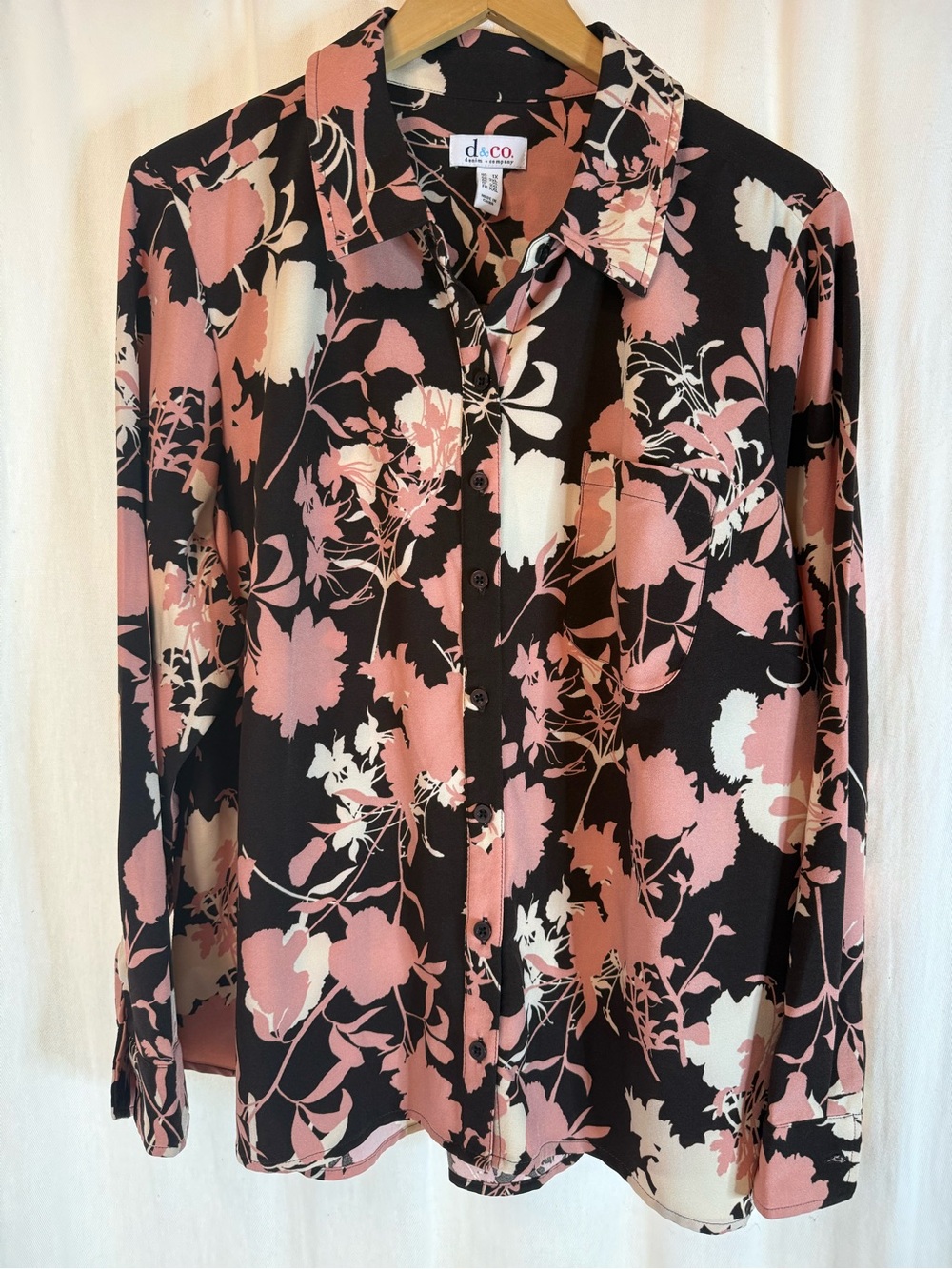 🤎💗Denim & Co. Long Sleeve Button-Down Blouse Brown, Pink & Cream Floral Size💗🤎